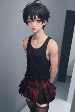 Best quality, masterpiece, ultra high res,
1boy, make up, lipstick, male logo sticker,

Short hair, wild hair,

black and red skirt, red and black tank top, stocking, high_heels, kawaii, fun,

,Male mature, androgynous, male face, flat_chest, otoko no ko, femboy, twink, trap, [[[toned]]],man,aesthetic portrait,looking at the viewer, crossdressing,