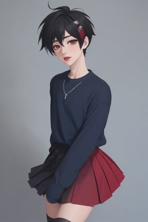 Best quality, masterpiece, ultra high res,
{{{1boy}}}, make up, lipstick, 

Short hair, wild hair,

black and red skirt, red and black top, stocking ,high_heels, kawaii pose, instagram influenser,

,hands on face, open arms,

,Male mature, androgynous, male face, flat_chest, otoko no ko, femboy, twink, trap, [[[toned]]],man,aesthetic portrait,looking at the viewer, crossdressing,