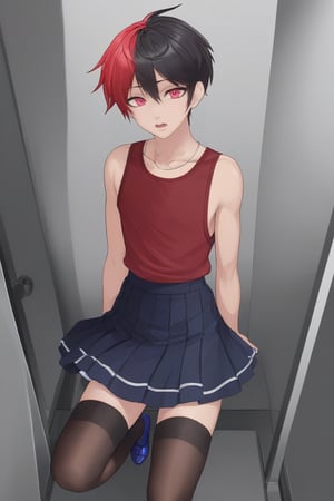 Best quality, masterpiece, ultra high res,
1boy, 

Short hair, wild hair,

black and red skirt, red and black tank top, stocking, high_heels, kawaii, fun,

,Male mature, androgynous, male face, flat_chest, otoko no ko, femboy, twink, trap, [[[toned]]],man,aesthetic portrait,looking at the viewer, crossdressing, big cock