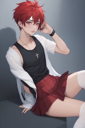 Best quality, masterpiece, ultra high res,
1boy, 

Short hair, wild hair,

black and red skirt, red and black tank top, stocking, high_heels

,Male mature, androgynous, male face, flat_chest, otoko no ko, femboy, twink, trap, [[[toned]]],man,aesthetic portrait,looking at the viewer, crossdressing, big cock
