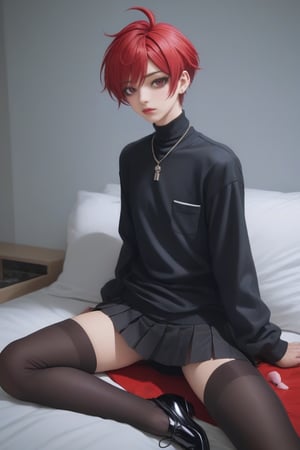 Best quality, masterpiece, ultra high res,
1boy, make up, lipstick, 

Short hair, wild hair,

black and red skirt, red and black top, stocking, high_heels, kawaii pose, instagram influenser,

,Male mature, androgynous, male face, flat_chest, otoko no ko, femboy, twink, trap, [[[toned]]],man,aesthetic portrait,looking at the viewer, crossdressing,