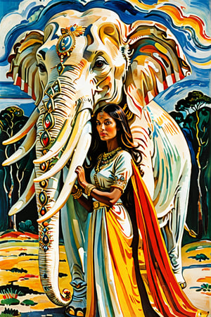 ,((((six tusked elephant:1.5)))), beautiful woman,style of Edvard Munch