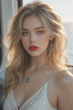 A stunning, detailed and realistic photograph of a young voluptuous woman with tousled blonde hair, striking blue eyes, and bold red lipstick. She is adorned with a boho necklace and wears a sleeveless white sheer top. The sexy woman is sitting in a spaceship, with a mesmerizing, glittering ocean on another planet far below. The sunlight from two suns streams through the spaceship window, casting strong, vibrant lighting. The woman squints, her eyes reflecting the golden rays as they dance through her hair.