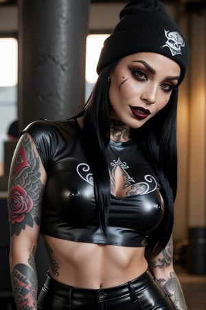 (masterpiece, best quality),  perfect face, perfect eyes, perfect hands, expressive eyes, (ultra-detailed, 8k, cg, dynamic colors),
BREAK
beautiful tattooed girl in a loose black T-shirt and shiny black latex pants and a black beanie, shiny pants, (long black hair with silver highlights:1.2), (intense glowing red eyes:1.2), evil smile, (toned, defined muscles), makeup, mascara, black eyeshadow, (black lipstick:1.2), tattoos, 