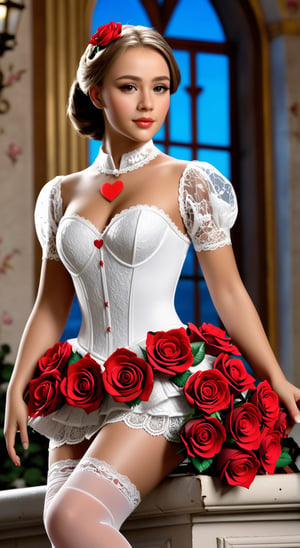 Lady-Beautiful girl. Fitted bodice with a heart in the chest area. Tuck relief. Toe patch bodice. Lace skirt tight-fitting four-seam mini.  There is a heart made of artificial roses sewn into the sides of the shuttlecock. A flashlight sleeve with a heart on the shoulders made of artificial roses. Femininity. High quality, high resolution, high detail, soft light and shadows. (Masterpiece:1.5), (best quality:5)