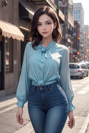 Portrait of a woman clad in a non-sleeved valvet blue blouse knotted at the waist to reveal the navel, paired with low-riding, body-contouring hip-hugger jeans, embodying a casual chic yet opulent style reminiscent of high-profile Los Angeles street fashion, cinematic studio lighting, HDR, 8K resolution.