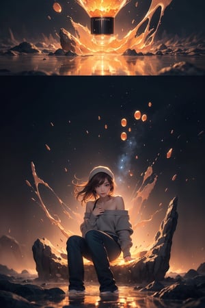 ultra detailed visually rich anime concept art illustration of a woman cap with brown hair, oversized  white sweater hanging off one shoulder, black ripped jeans. A mesmerizing lava lamp as the focal point of the artwork. The lenticular effect can showcase the mesmerizing movement of the colorful lava blobs within the lamp. As the viewer shifts their perspective, the scene could transform into a lush tropical paradise, similar to the original description, with vibrant colors and serene landscapes. The innovative use of lenticular printing would simulate the bubbling motion of the lava lamp, creating a dynamic and immersive visual experience. The addition of a delicate bokeh effect would further enhance the dreamy, ethereal quality of the scene, inviting viewers to escape into a state of blissful reverie within the captivating ambiance of the artwork.