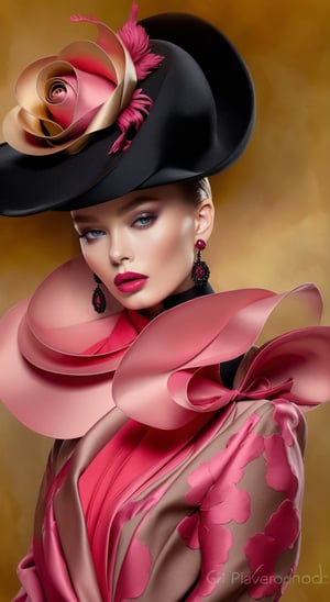 Fashion model elegantly attired in magnificent clothes inspired by Konstantin Razumov, the bespoke fabric swathing her form in shades of rose and noir, crowned by a chic hat of the golden hue, rendered in Alberto Seveso style, enveloping surreal elements from Eiko Ojala, Tracie Grimwood, Nicoletta Ceccoli's artistry, digital painting, illustrious details, vivid