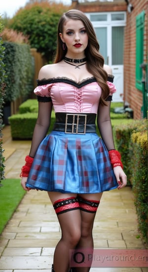 Tall 5ft 9in 25yr old brunette woman facing forward, high twintail plait pigtails, light blue pink off shoulder shiny satin patterned puff tight lace trim top., kinky short pleated red black check satin trumpet leather skirt with buckle belt, fishnet pantyhose in shiny leather lace-up high heel boots, bright lipstick, gothic necklace choker, stood in garden, glass on floor, full body length
