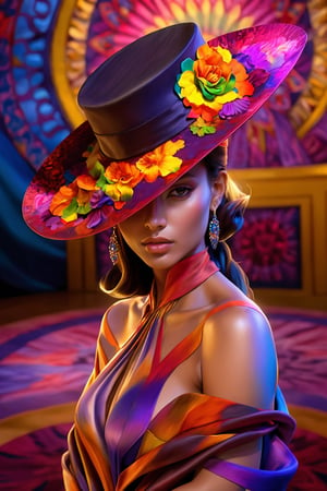 Airbrush art portrait, woman, virtual Vray environment surrounds, attire detailed with smears of vibrant paint, skirt and hat merging into a kaleidoscope of shades, backdrop bathed in twilight hues, ambient shadows embracing form, exquisite details throughout, style demonstrates deep contrasts, dimmed lighting, deep absorption, octane rendering, Amber throne-like posture suggests divine femininity, silk clothing reflects soft shadows