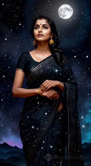 Woman in black saree, influenced by night sky, stars on fabric, moonlight silhouetting form against cosmic background, dramatic lighting, ultra clear, digital painting.