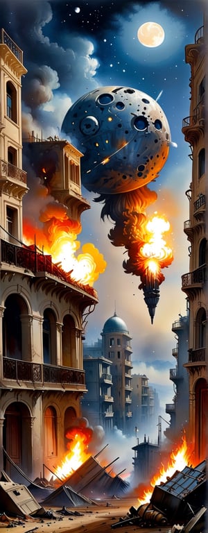 (((meteorite))), (((fog))),Makeup, More Detail,,(((fire))),(((night))), 8K, art nouveau style by Alfons Mucha, Watercolor, destruction, buildings, devastation, air craft, bomb, after attack, Palestine,Mysterious
