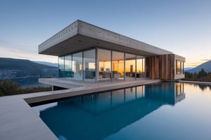 amorphous sMinimalist, modern, straight geometric house, exposed concrete, full glass, pool with reflections in water, location on a mountain slope, view of the landscape, setting at sunset.helter covered in small parts in wood color, realistic people walking, urban plaza environment,dvarchmodern