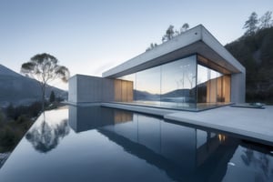 amorphous sMinimalist, modern, straight geometric house, exposed concrete, full glass, pool with reflections in water, location on a mountain slope, view of the landscape, setting at sunset.helter covered in small parts in wood color, realistic people walking, urban plaza environment,dvarchmodern