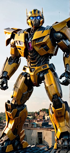 Movie. Live action. Transformers. Bumblebee. Standing on the roof of a building　　(masterpiece:2),(best quality:2),(raw photo:2),(photo realistic:2),(16k),(32k),(super high resolution:2),comic,OPTMS,Extremely Realistic