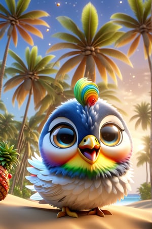 Pixar Chibi, cuteness overload, cute and adorable cartoon, [A lapwing behind a fruitcake on a paradise island, with palm trees swaying in the wind and a rainbow in the sky], photorealistic, cute, HDR, shaded , lens, chibi focus, hyper-detailed, filigree, detailed big round eyes, detailed, adorable, Jean Baptiste Monk, Carol Buck, Tyler Edlin, Perfect Composition, Beautifully Detailed, Trending on Artstation, 8K Fine Art Photography, Photorealistic Conceptual Art, Perfect volumetric cinematic light, Natural brightness and contrast, chiaroscuro, award-winning photography, masterpieces, digital art, rafael, caravaggio, greg rutkowski, belle, bexinski, giger, children's fairy tale style, bright and vivid colors without saturation .