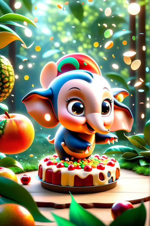 Pixar Chibi, cuteness overload, cute and adorable cartoon, [An elephant having fun in a jungle clearing behind a giant fruitcake, surrounding confetti and leaves], photorealistic, cute, HDR, shaded, lens, chibi focus , hyper-detailed, filigree, big round eyes detailed, detailed, adorable, Jean Baptiste Monk, Carol Buck, Tyler Edlin, Perfect Composition, Beautifully Detailed, Trending on Artstation, 8K Fine Art Photography, Photorealistic Concept Art, Perfect Volumetric Cinematic Light, Natural brightness and contrast, chiaroscuro, award-winning photography, masterpieces, digital art, rafael, caravaggio, greg rutkowski, belle, bexinski, giger, children's fairy tale style, bright, vivid colors without saturation.