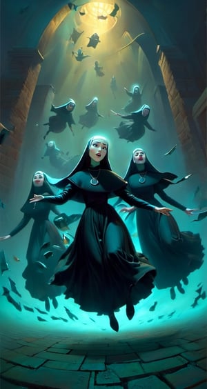 sinister and dark old nuns in a primary school at night, who are floating from the ground,digital artwork by Beksinski,score_9,LegendDarkFantasy,DonMM1y4XL,DonMD34thKn1gh7XL,disney pixar style