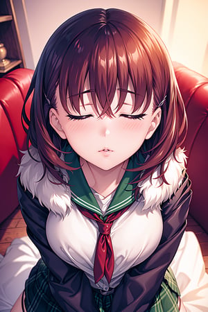 (Masterpiece,  Best Picture Quality,  Best Picture Quality Score: 1.3),  (Sharpest Picture Quality),  Perfect Beautiful Woman: 1.5,  red brown hair, short cut hair,   1girl,  green_skirt, purple_eyes ,, ,masterpiece,  , blushing, ,best quality,   ,     messy_hair,  pouting, school_uniform, messy_clothes, incoming kiss,
best quality,  ,incredibly absurdres,    ,high detail eyes,  winter, disheveled_clothes, looking_pleased,pleasured_expression, sitting_down, kissing_face, closed_eyes ,kiss,