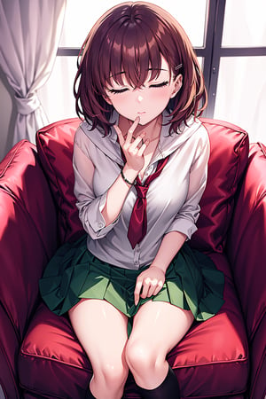 (Masterpiece,  Best Picture Quality,  Best Picture Quality Score: 1.3),  (Sharpest Picture Quality),  Perfect Beautiful Woman: 1.5,  red brown hair, short cut hair,   1girl,  green_skirt, purple_eyes ,, ,masterpiece,  , blushing, ,best quality,   ,     messy_hair,  pouting, school_uniform, messy_clothes, incoming kiss,
best quality,  ,incredibly absurdres,    ,high detail eyes,  winter, disheveled_clothes, looking_pleased,pleasured_expression, sitting_down, kissing_face, closed_eyes ,kiss,