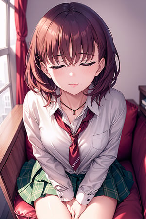(Masterpiece,  Best Picture Quality,  Best Picture Quality Score: 1.3),  (Sharpest Picture Quality),  Perfect Beautiful Woman: 1.5,  red brown hair, short cut hair,   1girl,  green_skirt, purple_eyes ,, ,masterpiece,  , blushing, ,best quality,   ,     messy_hair,  pouting, school_uniform, messy_clothes, incoming kiss,
best quality,  ,incredibly absurdres,    ,high detail eyes,  winter, disheveled_clothes, looking_pleased,pleasured_expression, sitting_down, kissing_face, closed_eyes
