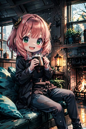 anya, is inside a house drinking hot chocolate by a fireplace, he is wearing a winter suit, ultra detailed, loli, :D