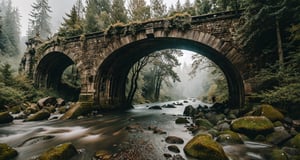 Forest, beautiful forest, rain, grass, rocks, cliffs, stone arch bridge with sculptures, epic movie style, masterpiece, perfect quality, exquisite details, real, clear, sharp, detailed, professional photos. (((comparison))), 8k, Ultra HD quality, cinematic look, cool tones,