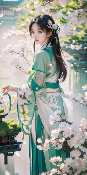 (Masterpiece, Top Quality, Best Quality, Official Art, Beauty and Aesthetic: 1.2), (1girl), Extremely Detailed, (Abstract, Fractal Art: 1.3), Supreme Detailed, Detailed Eyes, Light Particles, Hanfu, ( Green Hanfu) jewelry, sexy, beautiful schoolgirl, a girl, wonderland background, architecture background,