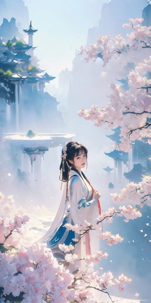 (Masterpiece, Top Quality, Best Quality, Official Art, Beauty and Aesthetic: 1.2), (1girl), Extremely Detailed, (Abstract, Fractal Art: 1.3), Supreme Detailed, Detailed Eyes, Light Particles, Hanfu, Jewelry, Sexy, beautiful schoolgirl, a girl, landscape, scenery, nature, wonderland,