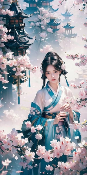 (Masterpiece, Top Quality, Best Quality, Official Art, Beauty and Aesthetic: 1.2), (1girl), Extremely Detailed, (Abstract, Fractal Art: 1.3), Supreme Detailed, Detailed Eyes, Light Particles, Hanfu, ( Black Hanfu) jewelry, sexy, beautiful schoolgirl, a girl, wonderland background, architecture background,