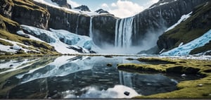 Ice fields, black rocks, moss, ice waterfalls,
(Masterpiece), ((Long Shot, Full Body Portrait)), ((Lee Allen Style Illustrations,)), Still Film, ((Real: 1.2)), Cinematic Lighting, Perfect Composition, Super Detailed, Full Body, Masterpiece, (Best Quality: 1.3), Reflections, Extremely Detailed CG Unity 8k Wallpapers, Detailed Backgrounds, Masterpieces, Best Quality, (Masterpieces), (Best Quality: 1.4), (Ultra High Resolution: 1.2), (Surrealism: 1.4), (Reality: 1.2), Best quality, High quality, High resolution, Eye-catching, Dramatic angle, Half side view, Top view,
