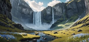 Ice fields, black rocks, moss, ice waterfalls, wild flowers,
(Masterpiece), ((Long Shot, Full Body Portrait)), ((Lee Allen Style Illustrations,)), Still Film, ((Real: 1.2)), Cinematic Lighting, Perfect Composition, Super Detailed, Full Body, Masterpiece, (Best Quality: 1.3), Reflections, Extremely Detailed CG Unity 8k Wallpapers, Detailed Backgrounds, Masterpieces, Best Quality, (Masterpieces), (Best Quality: 1.4), (Ultra High Resolution: 1.2), (Surrealism: 1.4), (Reality: 1.2), Best quality, High quality, High resolution, Eye-catching, Dramatic angle, Half side view, Top view,