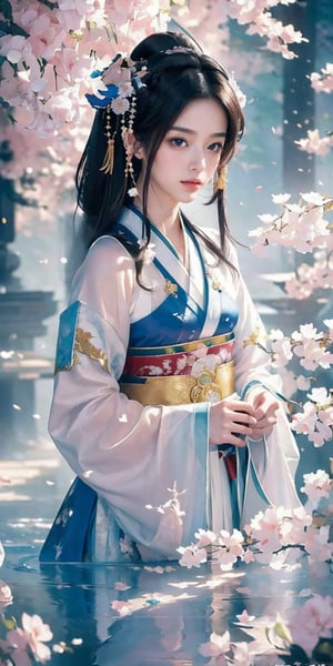 (Masterpiece, Top Quality, Best Quality, Official Art, Beauty and Aesthetic: 1.2), (1girl), Extremely Detailed, (Abstract, Fractal Art: 1.3), Supreme Detailed, Detailed Eyes, Light Particles, Hanfu, Jewelry , sexy, beautiful schoolgirl, a girl, wonderland background,