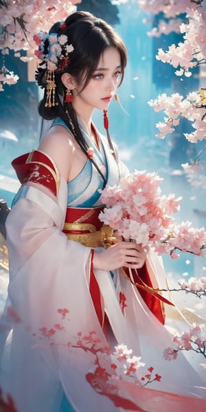 (masterpiece, top quality, best quality, official art, beautiful and aesthetic:1.2), (1girl), extreme detailed,(abstract, fractal art:1.3),highest detailed, detailed_eyes, light_particles, hanfu,jewelry, sexy, ,red,