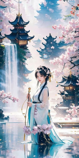 (Masterpiece, Top Quality, Best Quality, Official Art, Beauty and Aesthetic: 1.2), (1girl), Extremely Detailed, (Abstract, Fractal Art: 1.3), Supreme Detailed, Detailed Eyes, Light Particles, Hanfu, ( Black gold Hanfu) jewelry, sexy, beautiful schoolgirl, a girl, wonderland background, architecture background,