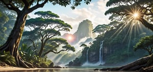 Tropical rainforest, huge trees, nature, beautiful scenery (Masterpiece), ((The Jungle Book, illustration style,)) static film, ((Reality: 1.2)), cinematic lighting, perfect composition, super detailed, full body , masterpiece, (best quality: 1.3), reflection, extremely detailed cg unity 8k wallpaper, detailed background, masterpiece, best quality, (masterpiece), (best quality: 1.4), (ultra high resolution: 1.2 ), (hyperrealistic: 1.4), (realistic: 1.2), best quality, high quality, high resolution,
