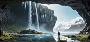 Ice field, black rocks, moss, ice waterfall, cave, huge cave, view from outside the cave,
(Masterpiece), ((Long Shot, Full Body Portrait)), ((Lee Allen Style Illustrations,)), Still Film, ((Real: 1.2)), Cinematic Lighting, Perfect Composition, Super Detailed, Full Body, Masterpiece, (Best Quality: 1.3), Reflections, Extremely Detailed CG Unity 8k Wallpapers, Detailed Backgrounds, Masterpieces, Best Quality, (Masterpieces), (Best Quality: 1.4), (Ultra High Resolution: 1.2), (Surrealism: 1.4), (Reality: 1.2), Best quality, High quality, High resolution, Eye-catching, Dramatic angle, Half side view, Top view,