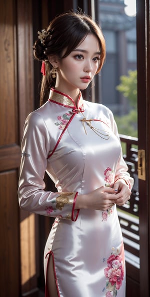 (Masterpiece, Top Quality, Best Quality, Official Art, Beauty and Aesthetic: 1.2), hdr, High Contrast, Wide Shot, Finger Detail, Background Detail, Ambient Lighting, Extreme Detail, Cinematic Shot, Realistic Illustration, (Soothing Tone: 1.3), (super detailed: 1.2), beautiful girl, cute and cute, cheongsam, silk cheongsam, ancient palace background, full body portrait,