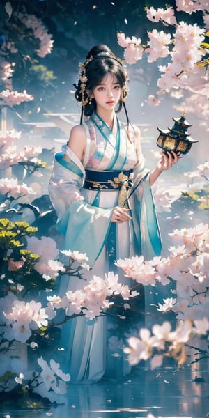 (Masterpiece, Top Quality, Best Quality, Official Art, Beauty and Aesthetic: 1.2), (1girl), Extremely Detailed, (Abstract, Fractal Art: 1.3), Supreme Detailed, Detailed Eyes, Light Particles, Hanfu, ( Black gold Hanfu) jewelry, sexy, beautiful schoolgirl, a girl, wonderland background, architecture background,