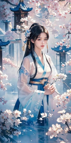 (Masterpiece, Top Quality, Best Quality, Official Art, Beauty and Aesthetic: 1.2), (1girl), Extremely Detailed, (Abstract, Fractal Art: 1.3), Supreme Detailed, Detailed Eyes, Light Particles, Hanfu, Jewelry , sexy, beautiful schoolgirl, a girl, wonderland background, architecture background,