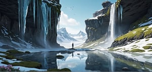 Ice fields, black rocks, moss, ice waterfalls, wild flowers, snow, icicles,
(Masterpiece), ((Long Shot, Full Body Portrait)), ((Lee Allen Style Illustrations,)), Still Film, ((Real: 1.2)), Cinematic Lighting, Perfect Composition, Super Detailed, Full Body, Masterpiece, (Best Quality: 1.3), Reflections, Extremely Detailed CG Unity 8k Wallpapers, Detailed Backgrounds, Masterpieces, Best Quality, (Masterpieces), (Best Quality: 1.4), (Ultra High Resolution: 1.2), (Surrealism: 1.4), (Reality: 1.2), Best quality, High quality, High resolution, Eye-catching, Dramatic angle, Half side view, Top view,