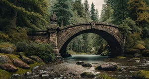 Forest, beautiful forest, rain, grass, rocks, cliffs, stone arch bridge with sculptures, beautiful stone bridge, epic movie style, masterpiece, perfect quality, exquisite details, real, clear, sharp, detailed, professional photos. (((comparison))), 8k, Ultra HD quality, cinematic look, cool tones,