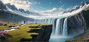 Ice fields, black rocks, moss, ice waterfalls, wild flowers, snow,
(Masterpiece), ((Long Shot, Full Body Portrait)), ((Lee Allen Style Illustrations,)), Still Film, ((Real: 1.2)), Cinematic Lighting, Perfect Composition, Super Detailed, Full Body, Masterpiece, (Best Quality: 1.3), Reflections, Extremely Detailed CG Unity 8k Wallpapers, Detailed Backgrounds, Masterpieces, Best Quality, (Masterpieces), (Best Quality: 1.4), (Ultra High Resolution: 1.2), (Surrealism: 1.4), (Reality: 1.2), Best quality, High quality, High resolution, Eye-catching, Dramatic angle, Half side view, Top view,