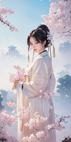 (Masterpiece, Top Quality, Best Quality, Official Art, Beauty and Aesthetic: 1.2), (1girl), Extremely Detailed, (Abstract, Fractal Art: 1.3), Supreme Detailed, Detailed Eyes, Light Particles, Hanfu, Jewelry, Sexy, beautiful schoolgirl, a girl, landscape, scenery, nature, wonderland,