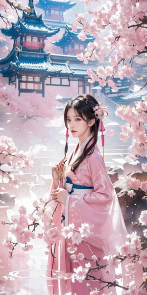 (Masterpiece, Top Quality, Best Quality, Official Art, Beauty and Aesthetic: 1.2), (1girl), Extremely Detailed, (Abstract, Fractal Art: 1.3), Supreme Detailed, Detailed Eyes, Light Particles, Hanfu, ( Pink Hanfu) jewelry, sexy, beautiful schoolgirl, a girl, wonderland background, architecture background,