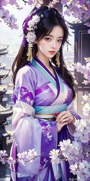 (Masterpiece, Top Quality, Best Quality, Official Art, Beauty and Aesthetic: 1.2), (1girl), Extremely Detailed, (Abstract, Fractal Art: 1.3), Supreme Detailed, Detailed Eyes, Light Particles, Hanfu, ( Purple Hanfu) jewelry, sexy, beautiful schoolgirl, a girl, wonderland background, architecture background,