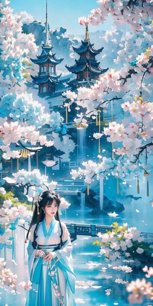 (Masterpiece, Top Quality, Best Quality, Official Art, Beauty and Aesthetic: 1.2), (1girl), Extremely Detailed, (Abstract, Fractal Art: 1.3), Supreme Detailed, Detailed Eyes, Light Particles, Hanfu, ( Cyan Hanfu) jewelry, sexy, beautiful schoolgirl, a girl, wonderland background, architecture background,