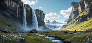 Ice fields, black rocks, moss, ice waterfalls, wild flowers,
(Masterpiece), ((Long Shot, Full Body Portrait)), ((Lee Allen Style Illustrations,)), Still Film, ((Real: 1.2)), Cinematic Lighting, Perfect Composition, Super Detailed, Full Body, Masterpiece, (Best Quality: 1.3), Reflections, Extremely Detailed CG Unity 8k Wallpapers, Detailed Backgrounds, Masterpieces, Best Quality, (Masterpieces), (Best Quality: 1.4), (Ultra High Resolution: 1.2), (Surrealism: 1.4), (Reality: 1.2), Best quality, High quality, High resolution, Eye-catching, Dramatic angle, Half side view, Top view,