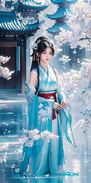 (Masterpiece, Top Quality, Best Quality, Official Art, Beauty and Aesthetic: 1.2), (1girl), Extremely Detailed, (Abstract, Fractal Art: 1.3), Supreme Detailed, Detailed Eyes, Light Particles, Hanfu, ( Cyan Hanfu) jewelry, sexy, beautiful schoolgirl, a girl, wonderland background, architecture background,
