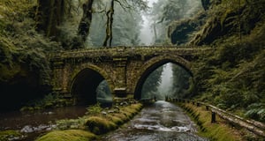 Forest, beautiful forest, rain, rainforest, grass, rock, cliff, stone road, stone arch bridge, epic movie style, masterpiece, perfect quality, exquisite details, real, clear, sharp, detailed and professional photos. (((Compare))), 8k, Ultra HD quality, cinematic look, cool colors,
